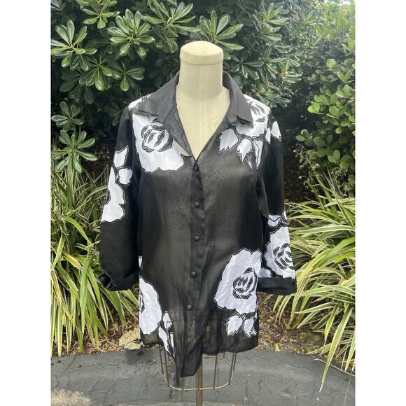 Marisa Baratelli Sheer Blouse Black White Flower Bow Size 8 NEW - Picture 2 of 5